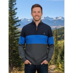 Eddie Bauer Men's Quarter Zip Sweater Sz XL Blue Gray Colorblock Cotton Pullover